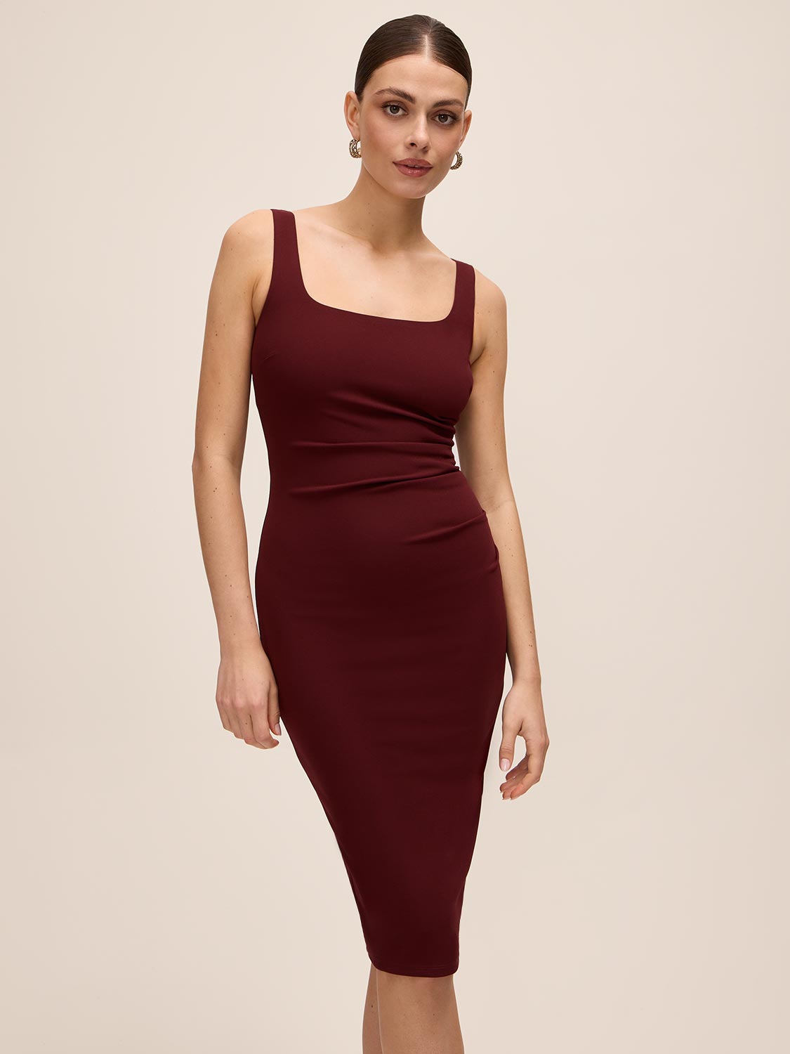 Bordeaux Knit Crepe Scoop Neck Midi Dress - Side Profile View - Le Chateau