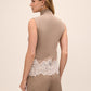 Oatmeal Lace Trim Mock Neck Sleeveless Sweater - Back View - Le Chateau