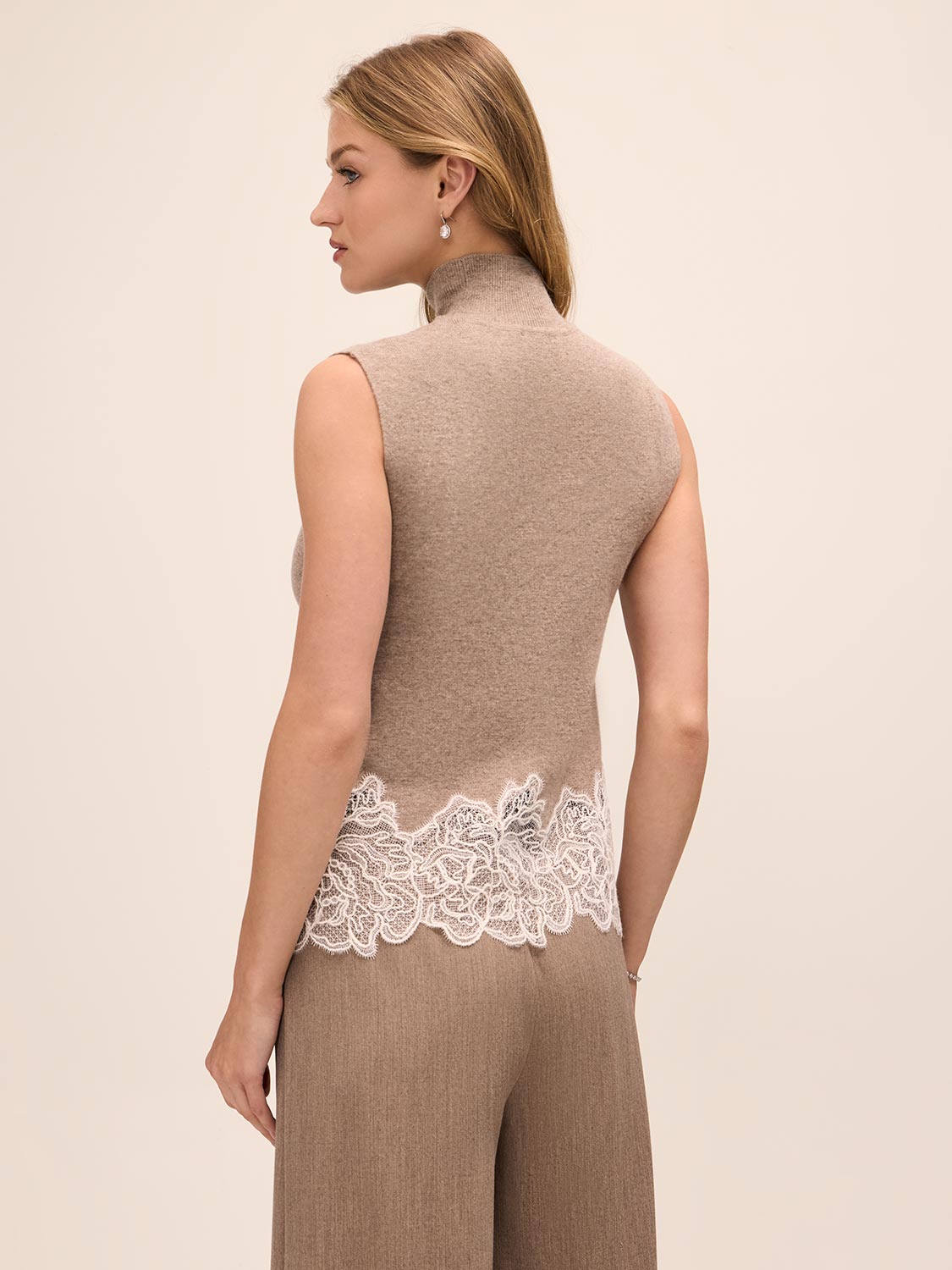 Oatmeal Lace Trim Mock Neck Sleeveless Sweater - Back View - Le Chateau