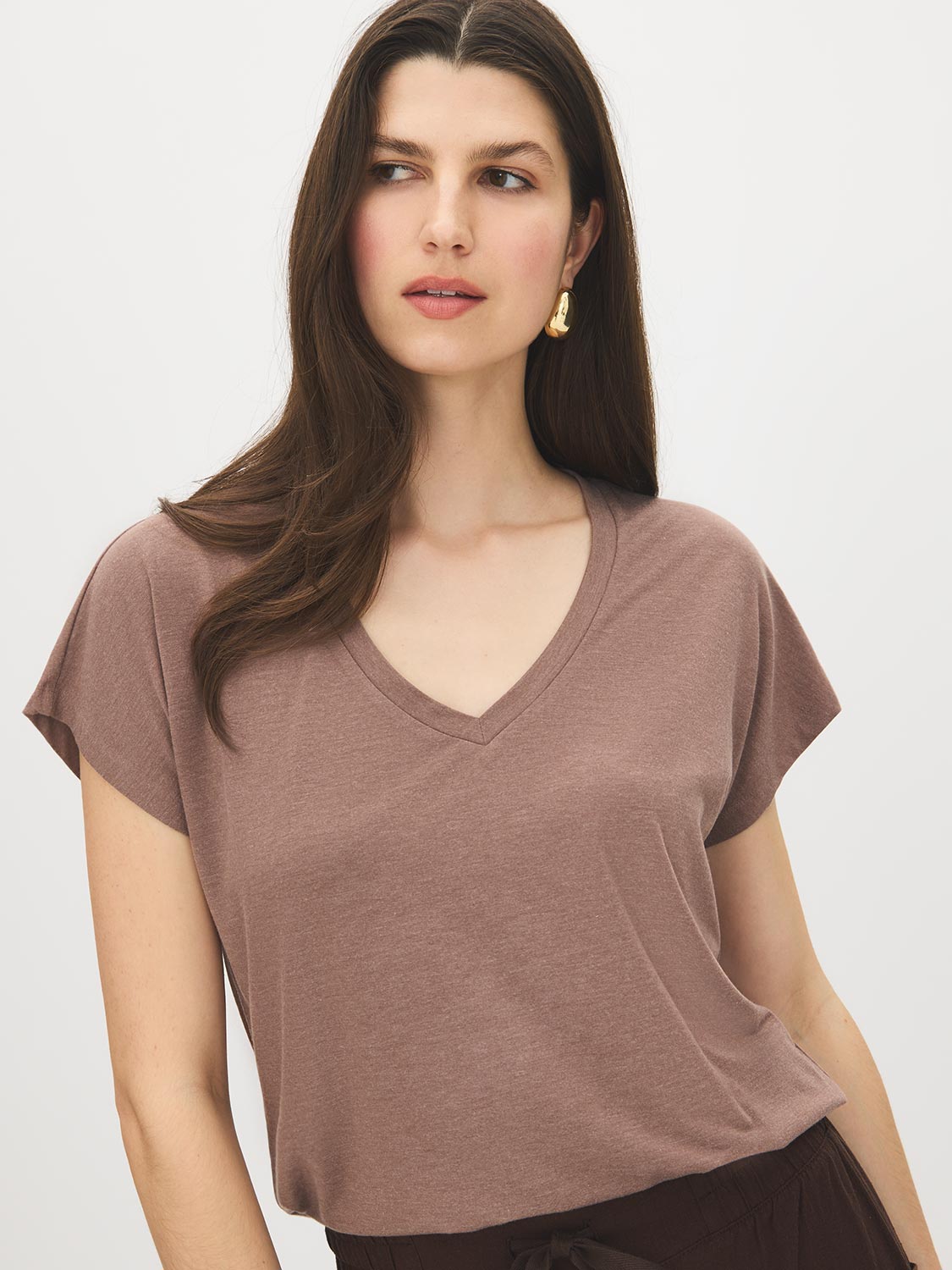 Deep Taupe Melange V-Neck Jersey Top - Close-up Front View - Suzy Shier