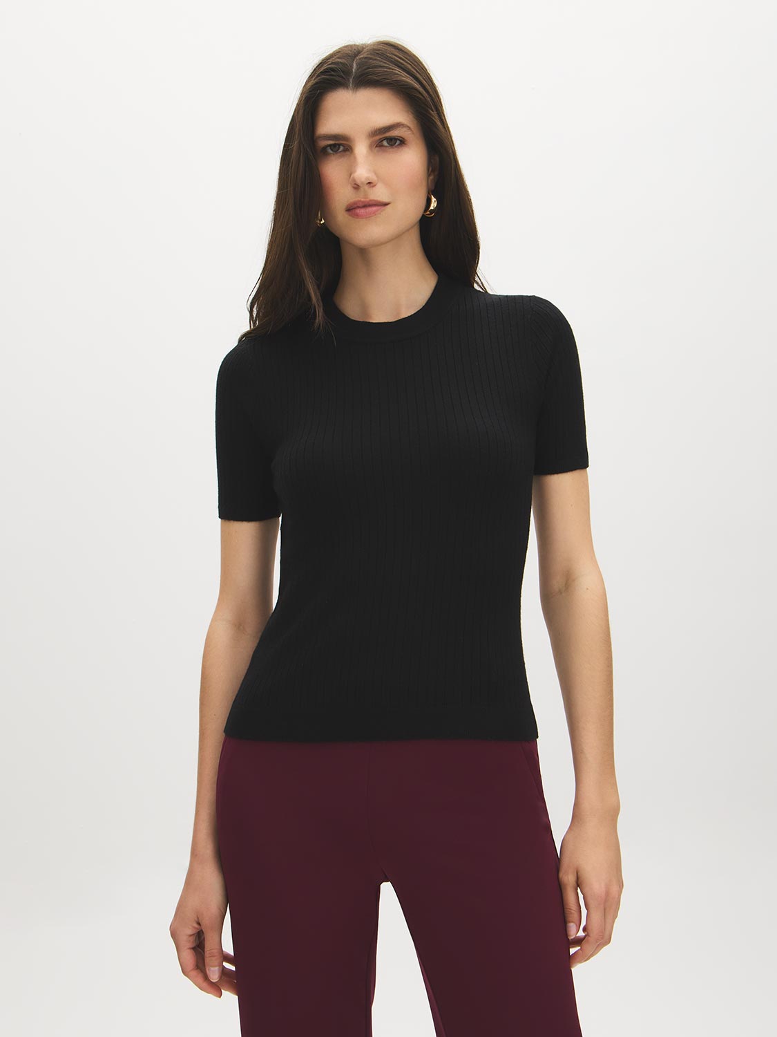 Black Ribbed Knit Crew Neck Sweater - Woman Wearing Short Sleeve Pullover - Suzy Shier