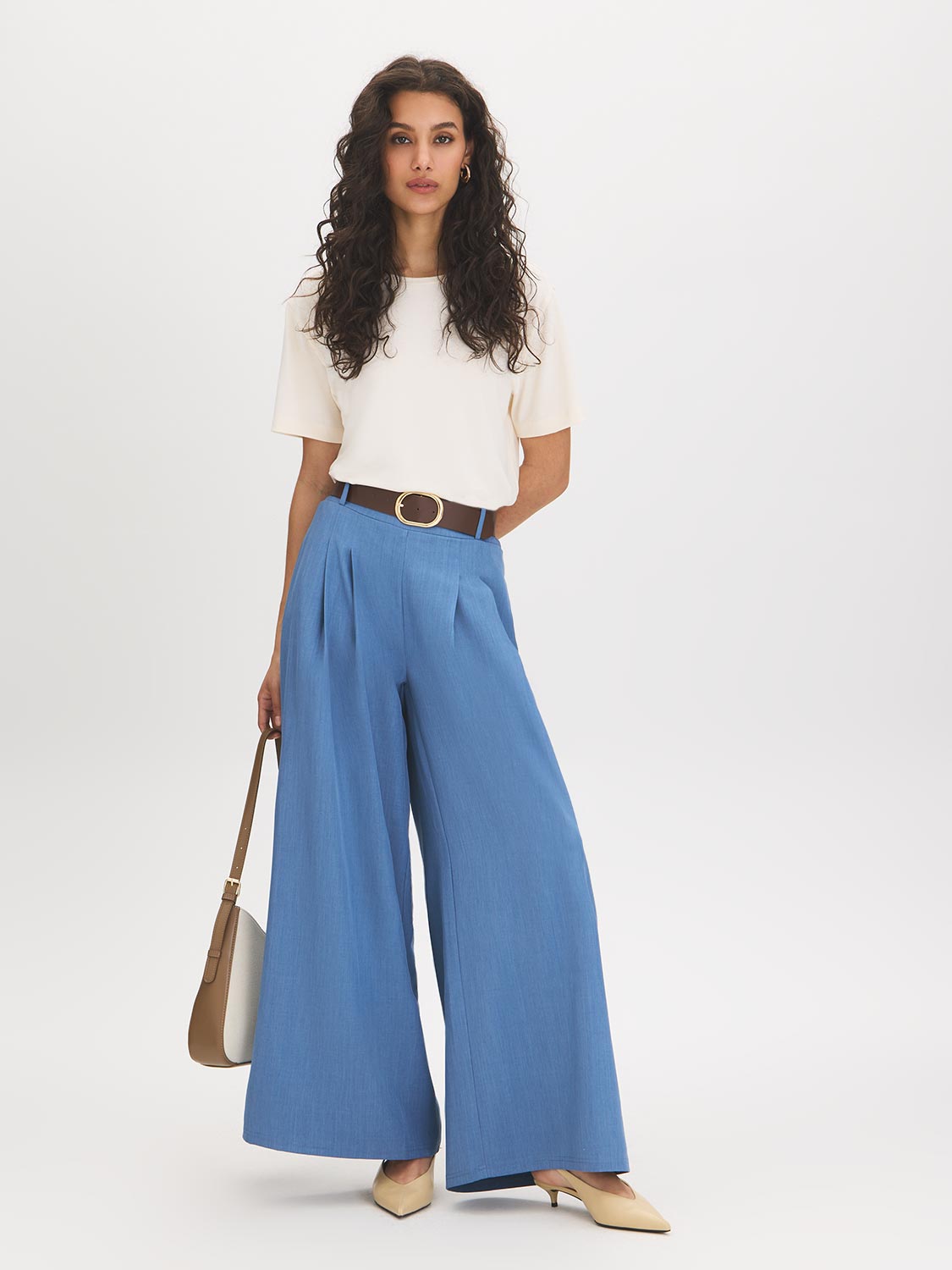 Light Denim Blue Wide-Leg Pull-On Pant with Belt - Full Outfit View - Suzy Shier