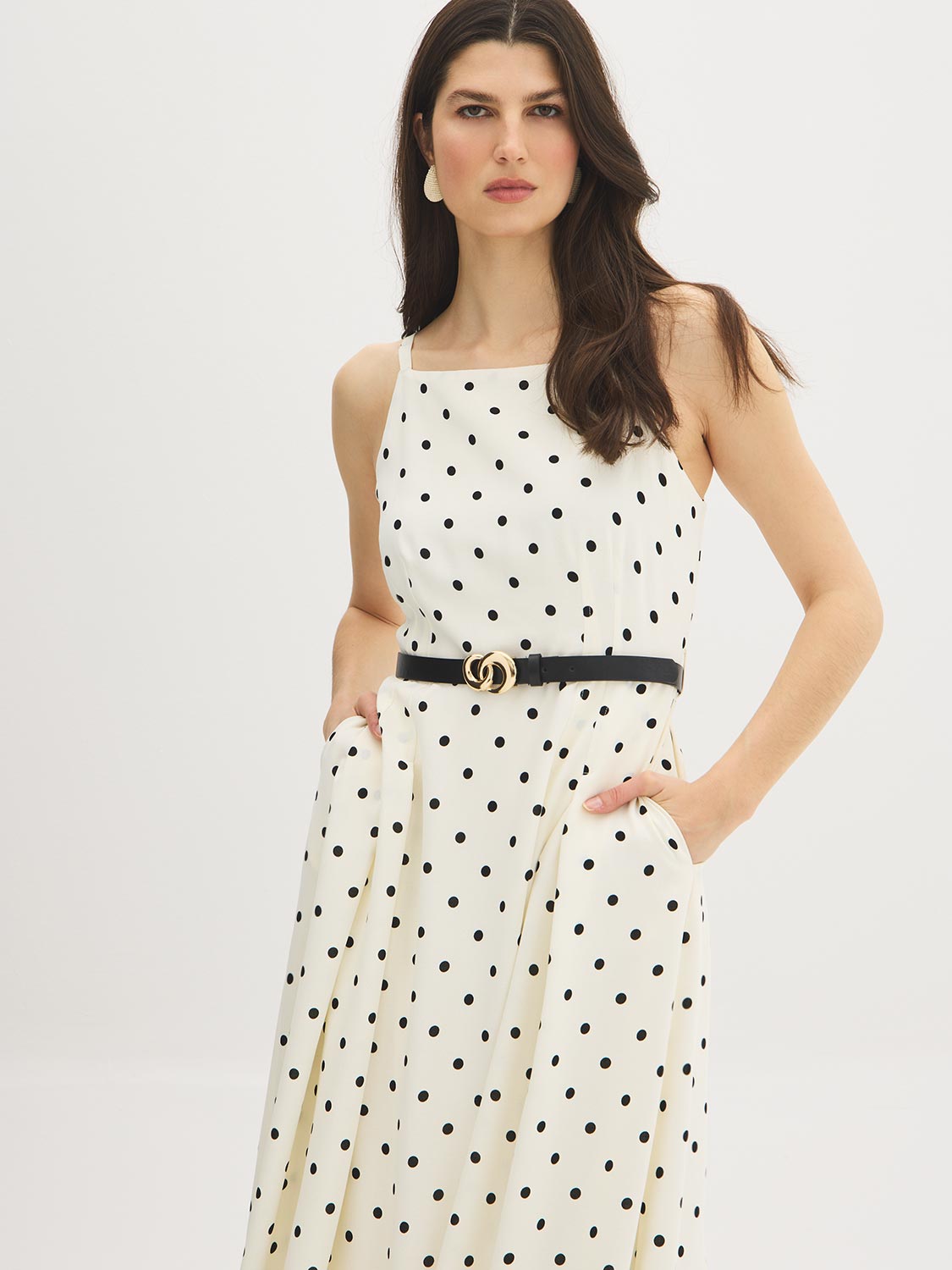 Snow White Polka Dot Flowy Midi Dress - Woman Wearing Spaghetti Strap Dress with Belt - Suzy Shier