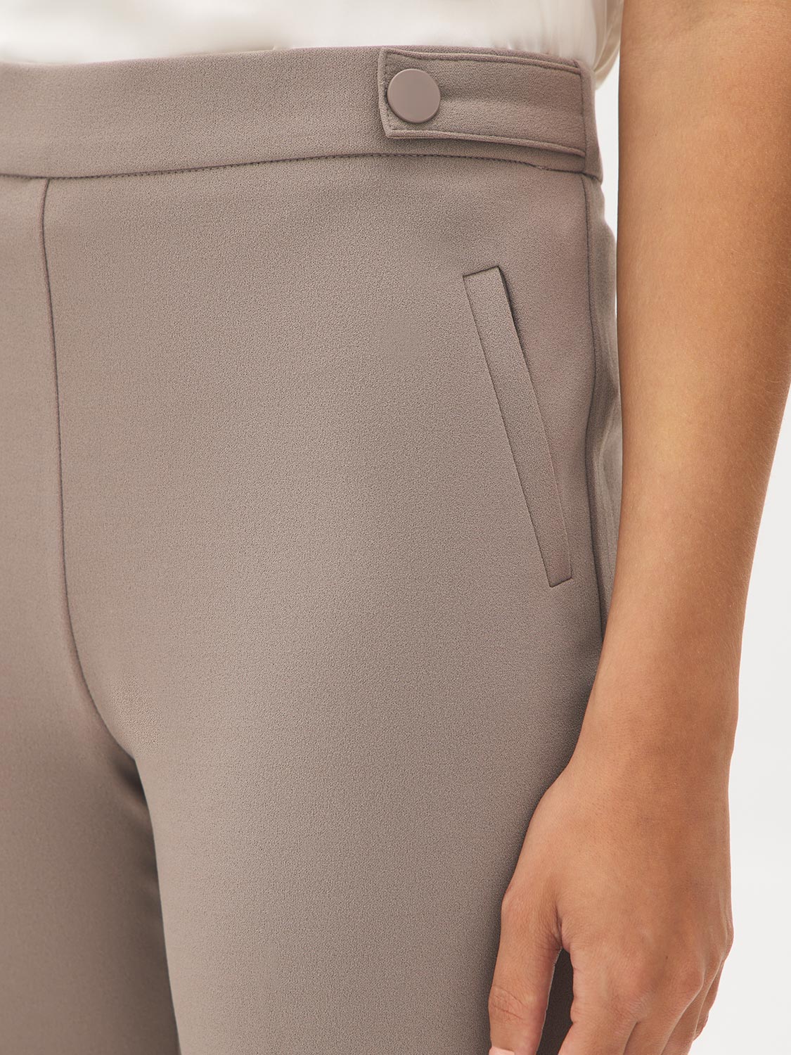 Lt Grey Pull-On Straight Leg Pant with Waist Tabs - Woman Wearing Clean Front Trousers - Suzy Shier