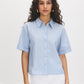 Forever Blue Striped Drop Shoulder Blouse - Woman Wearing Button-Front Shirt with Roll-Up Sleeves - Suzy Shier