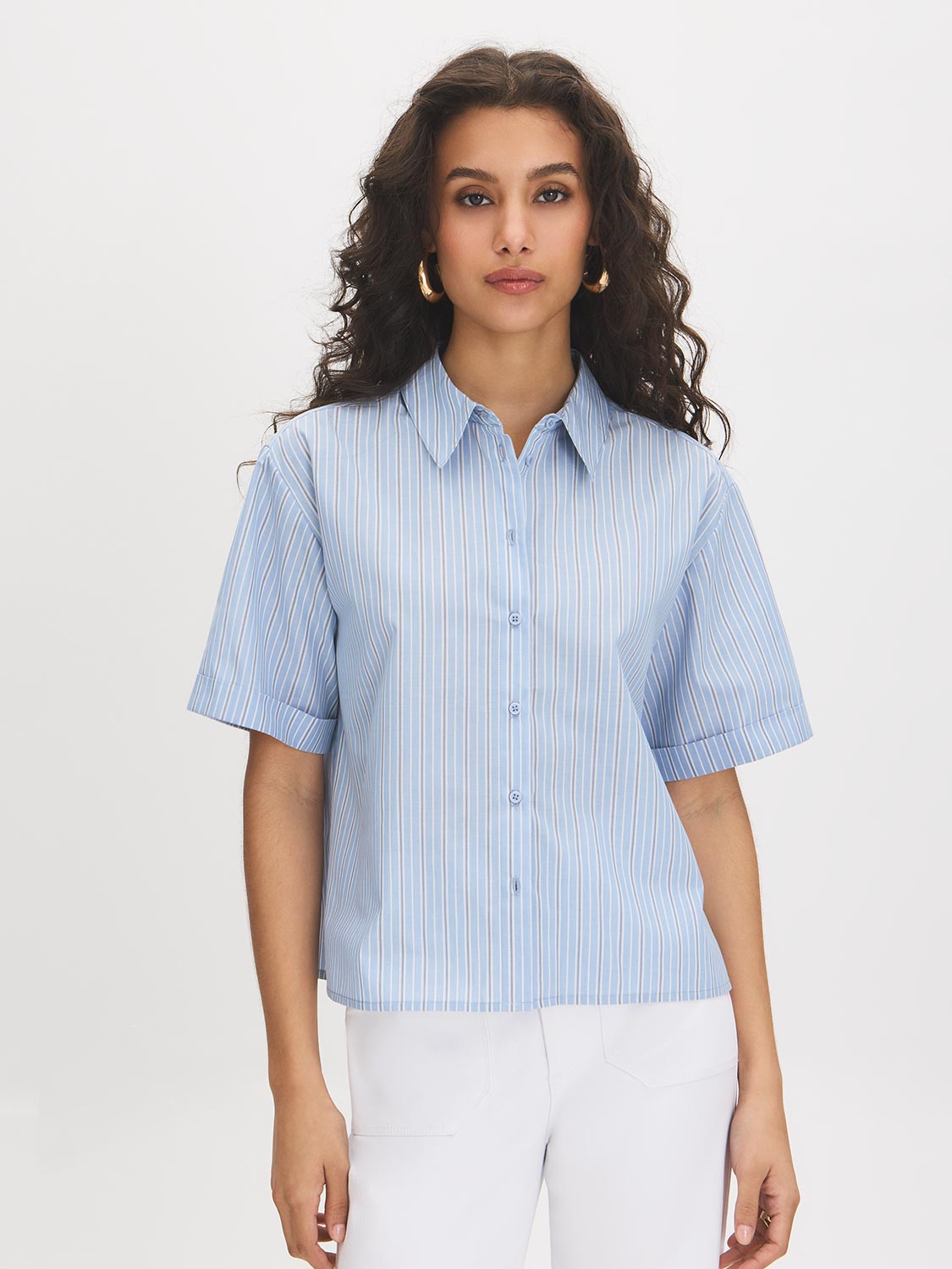 Forever Blue Striped Drop Shoulder Blouse - Woman Wearing Button-Front Shirt with Roll-Up Sleeves - Suzy Shier