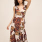 Antique Cream/Rust Printed Chiffon Crossover Neckline Gown - Woman Wearing Full-Length Ruffle Dress - Le Chateau