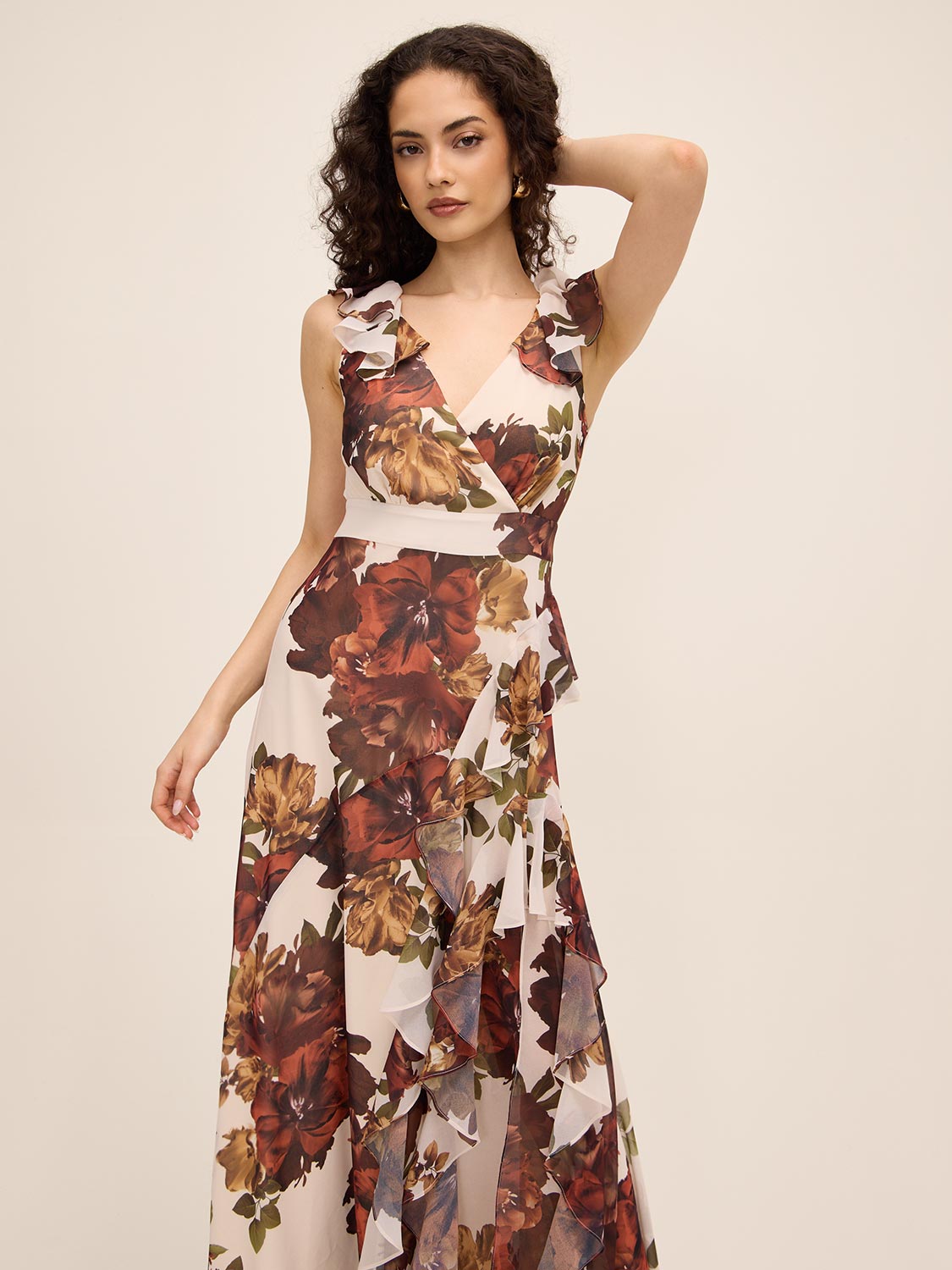 Antique Cream/Rust Printed Chiffon Crossover Neckline Gown - Woman Wearing Full-Length Ruffle Dress - Le Chateau