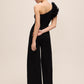 Black One-Shoulder Jumpsuit with Chiffon Ruffle Detail - Back View - Le Chateau