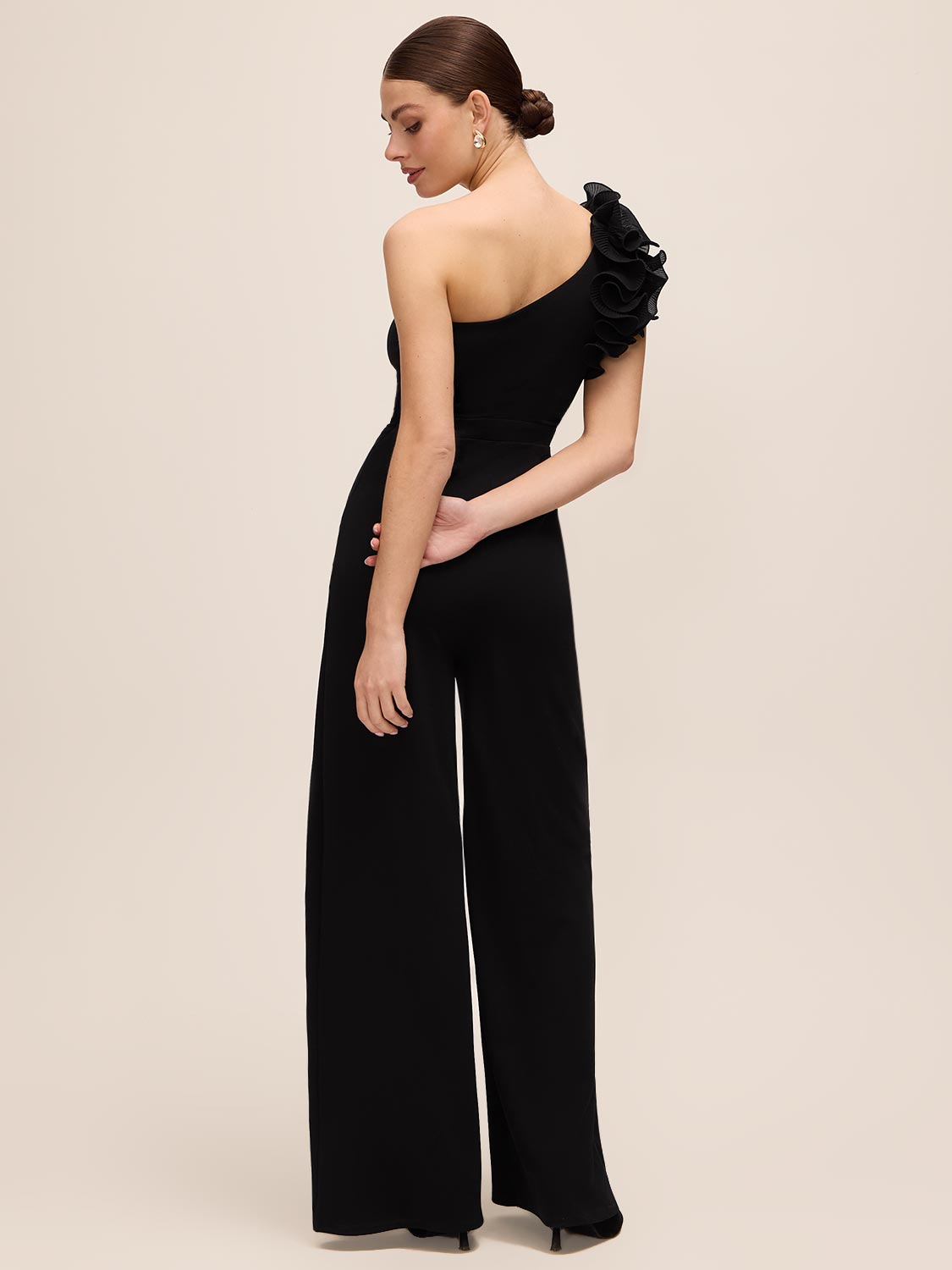 Black One-Shoulder Jumpsuit with Chiffon Ruffle Detail - Back View - Le Chateau