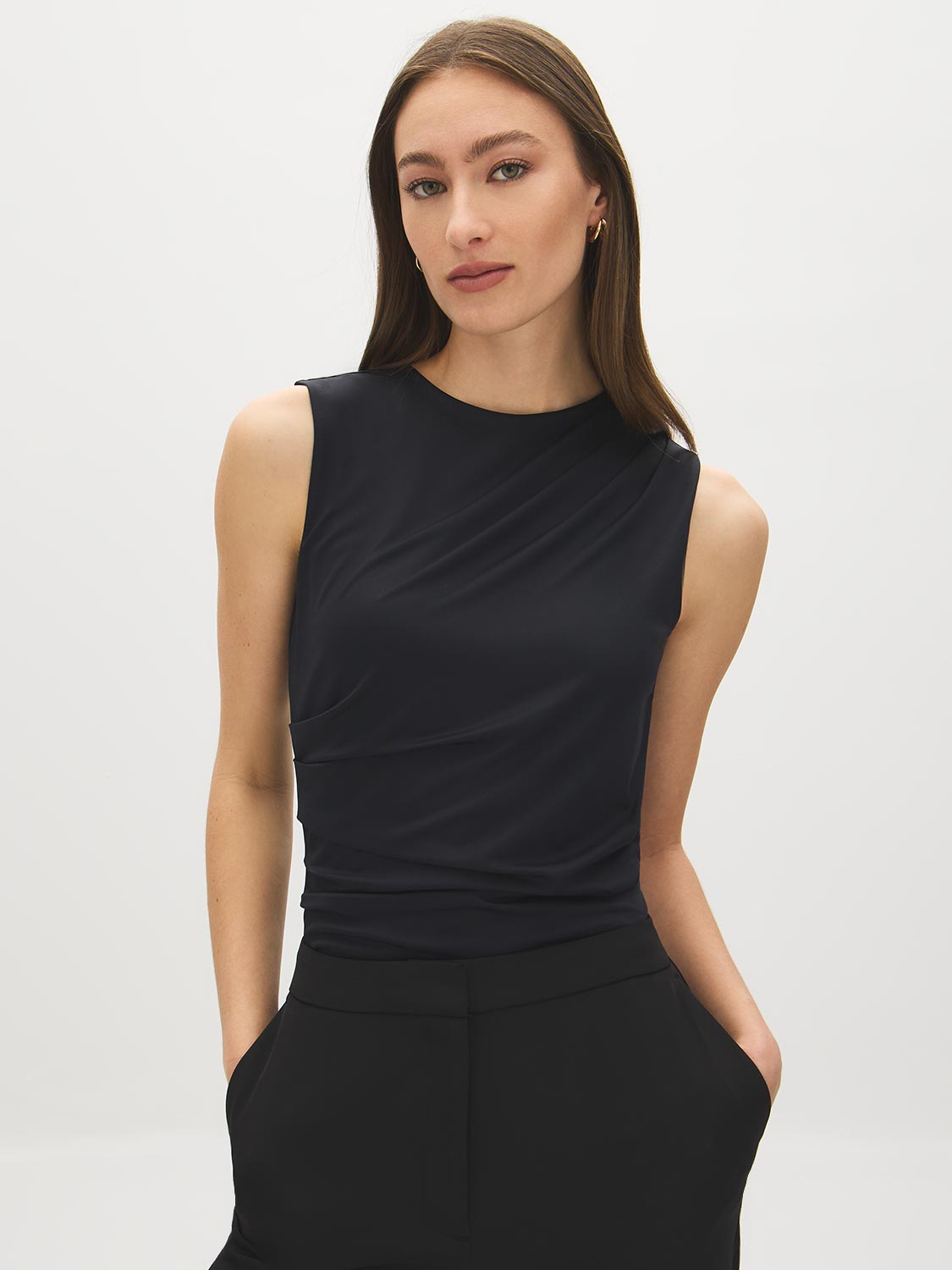 Jet Black Sleeveless Crew Neck Shell Top with Side Pleats - Suzy Shier