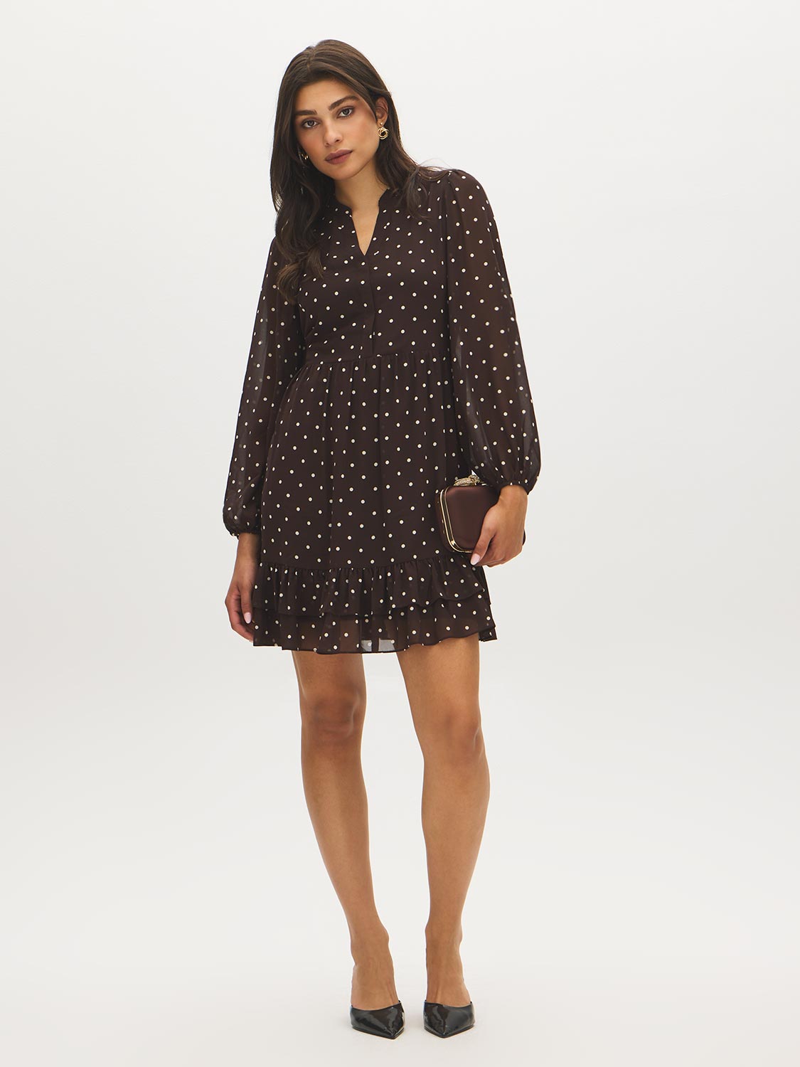 Java Dots Print Mini Dress with Ruffled Hem - Woman Wearing Printed Long Sleeve Dress - Suzy Shier