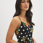 Jet Black Tropical Print Cotton Midi Dress - Woman Wearing Fitted Upper Dress with Full Skirt - Suzy Shier