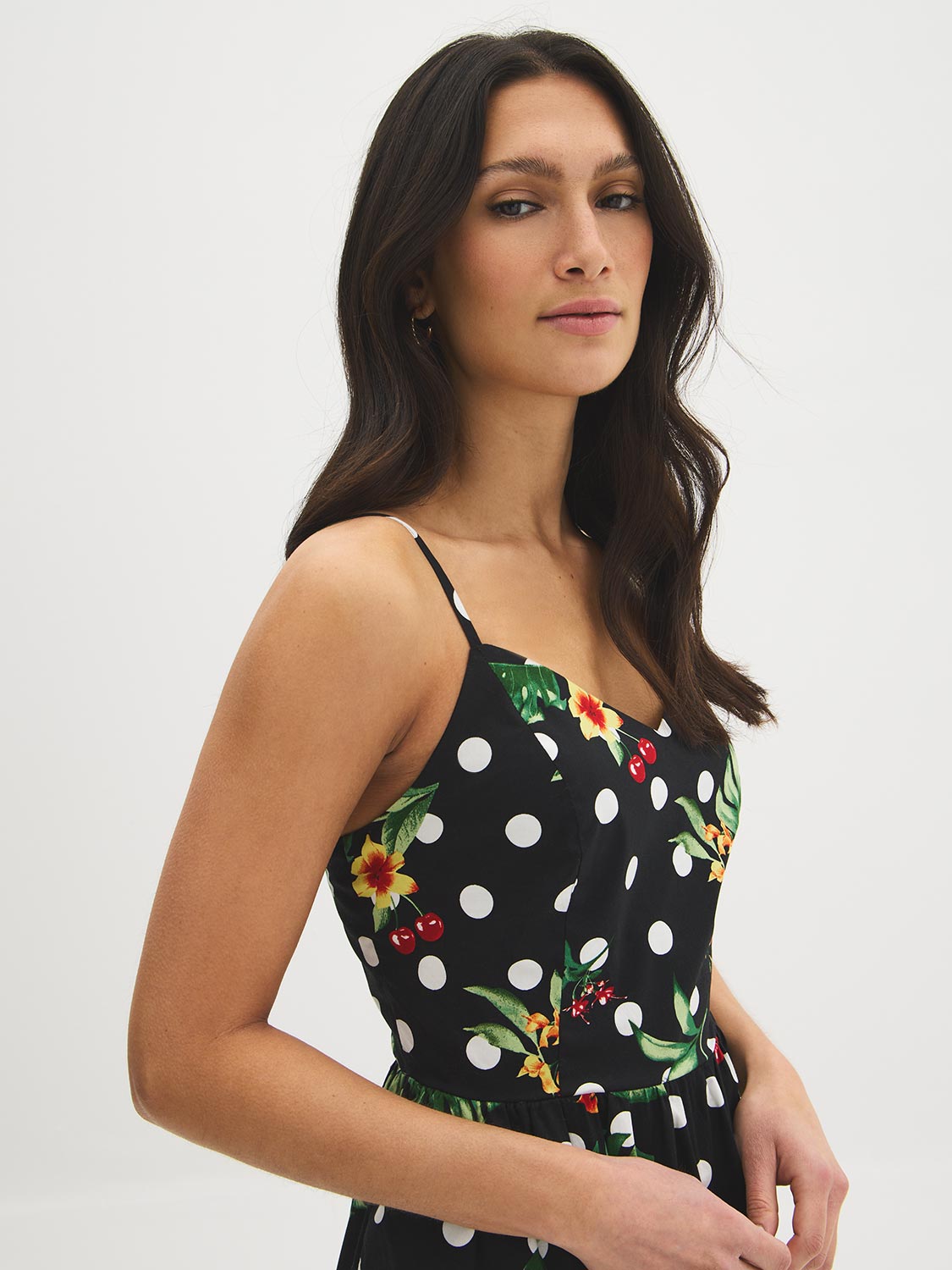 Jet Black Tropical Print Cotton Midi Dress - Woman Wearing Fitted Upper Dress with Full Skirt - Suzy Shier