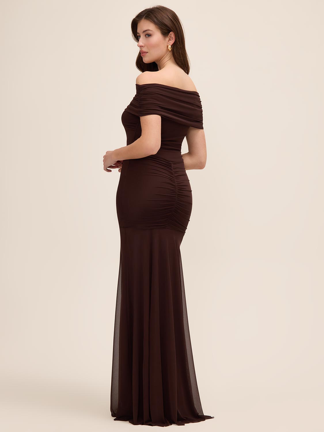 Coco Powder Off-Shoulder Mesh Gown with Shirred Waist - Woman Wearing Elegant Evening Dress - Le Chateau