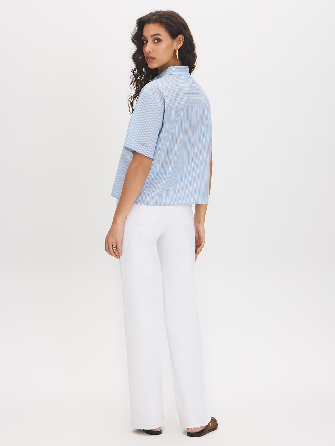 Forever Blue Striped Drop Shoulder Blouse - Woman Wearing Button-Front Shirt with Roll-Up Sleeves - Suzy Shier