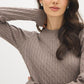 Brown Melange Cable Knit Crew Neck Sweater - Close-up Fabric Detail - Suzy Shier