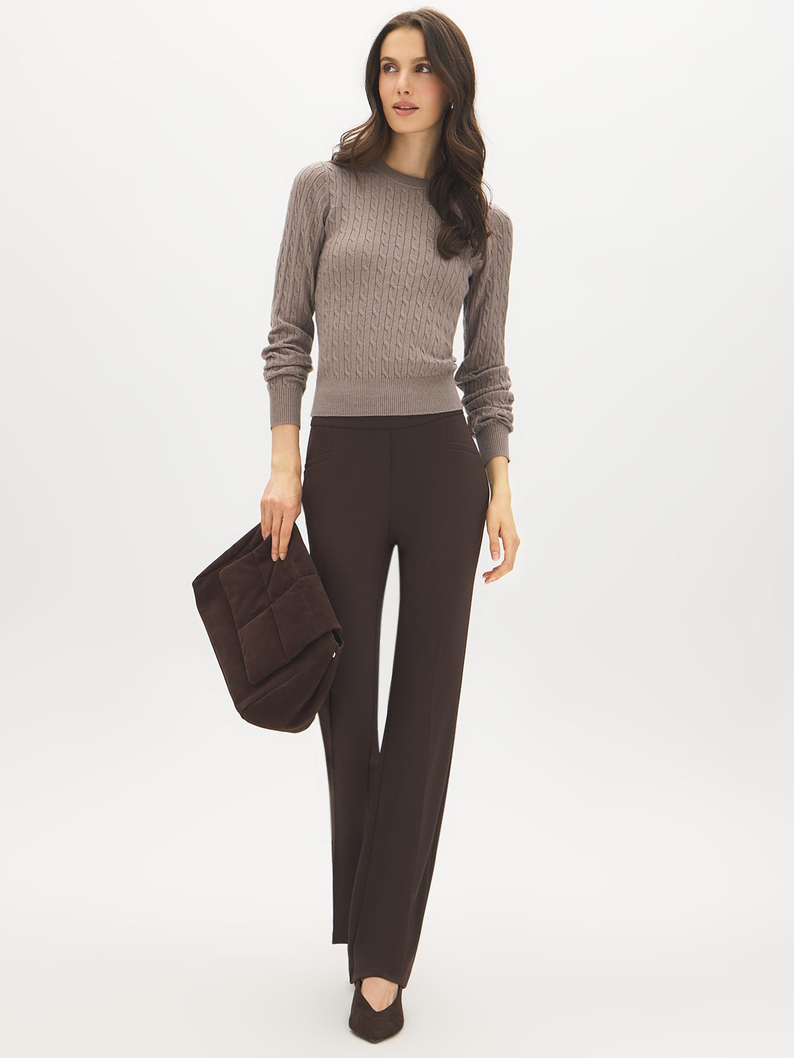 Brown Melange Cable Knit Crew Neck Sweater - Front View - Suzy Shier