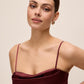 Bordeaux Cowl Neck Satin Dress - Close-up Neckline Detail - Le Chateau