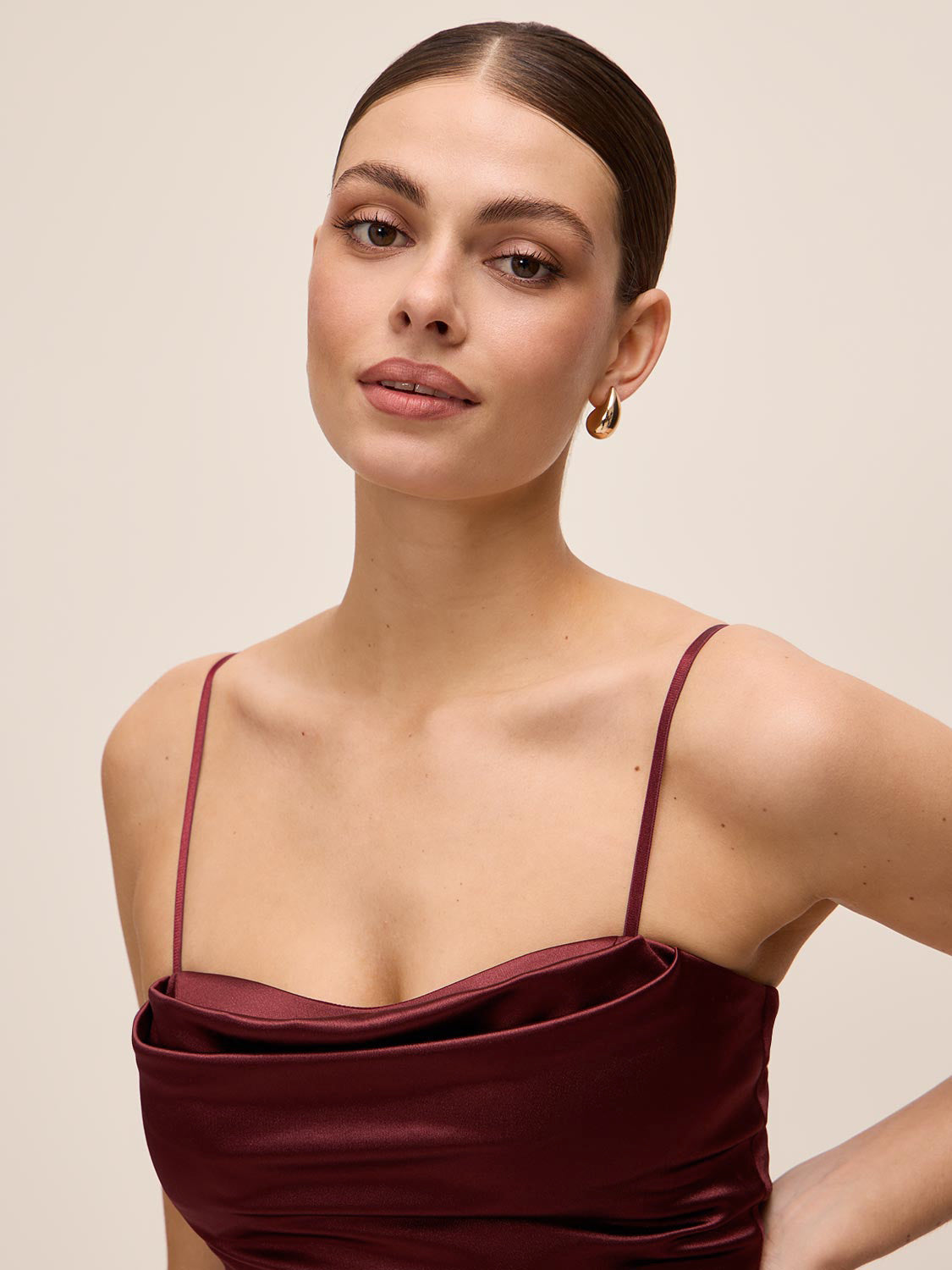 Bordeaux Cowl Neck Satin Dress - Close-up Neckline Detail - Le Chateau