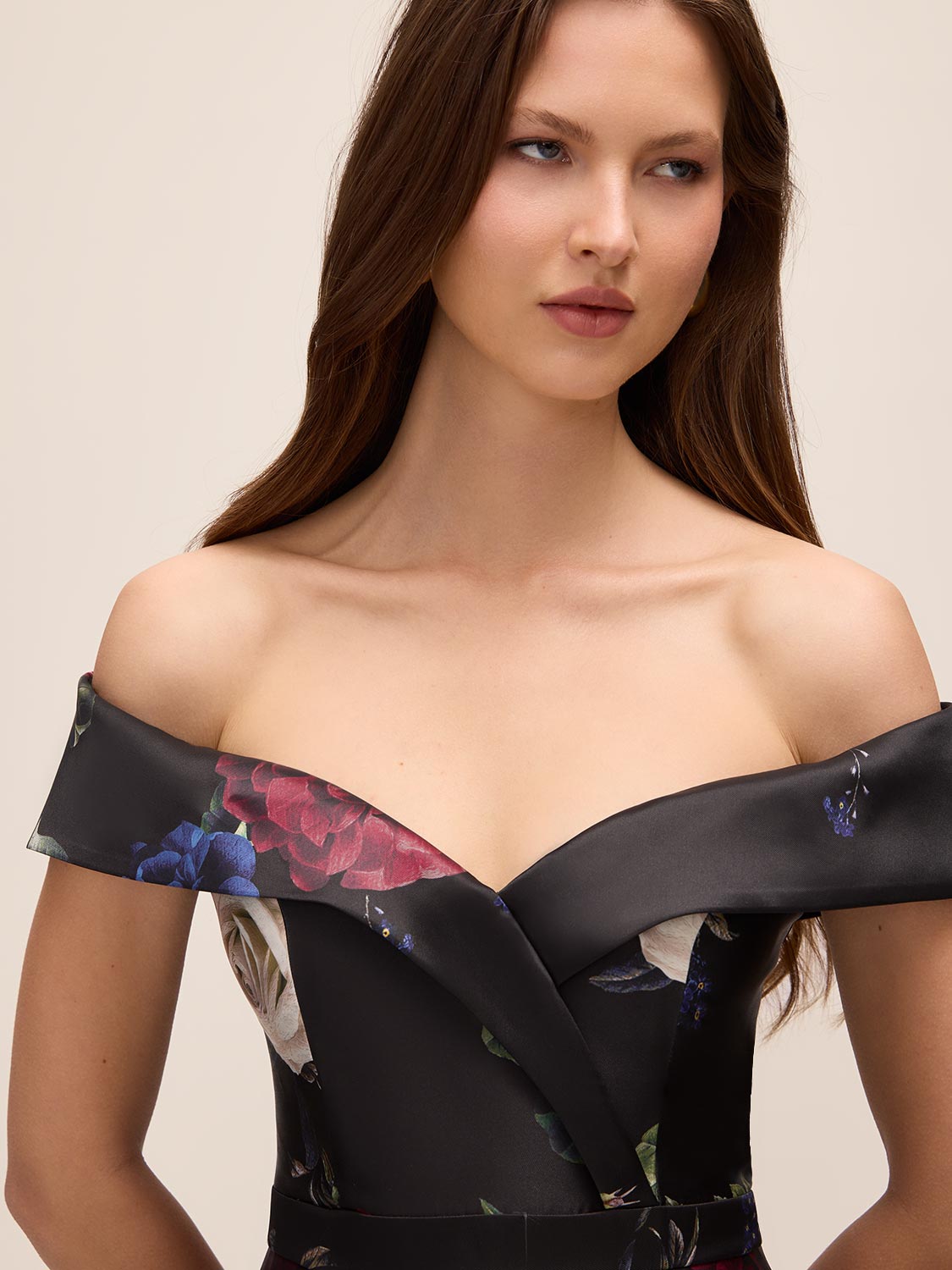 Black Bordeaux Strapless Floral Ballgown - Close-up Bodice Detail - Le Chateau