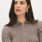Brown Melange Cable Stitch Zip-Front Sweater - Close-up Collar Detail - Suzy Shier
