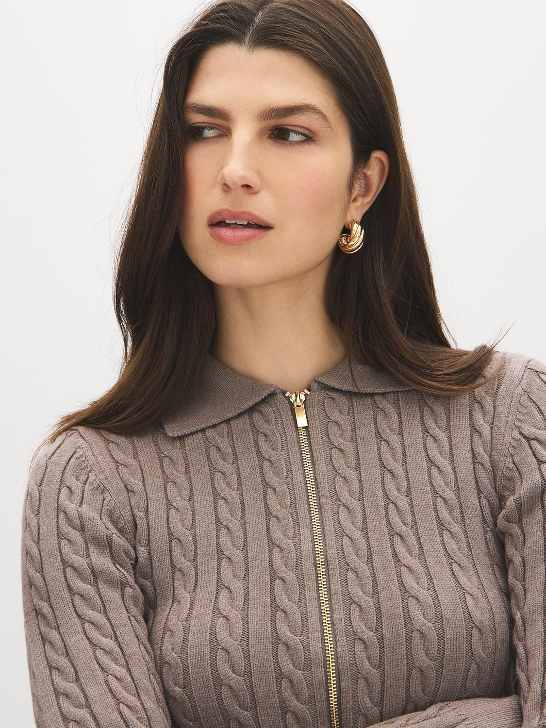 Brown Melange Cable Stitch Zip-Front Sweater - Close-up Collar Detail - Suzy Shier