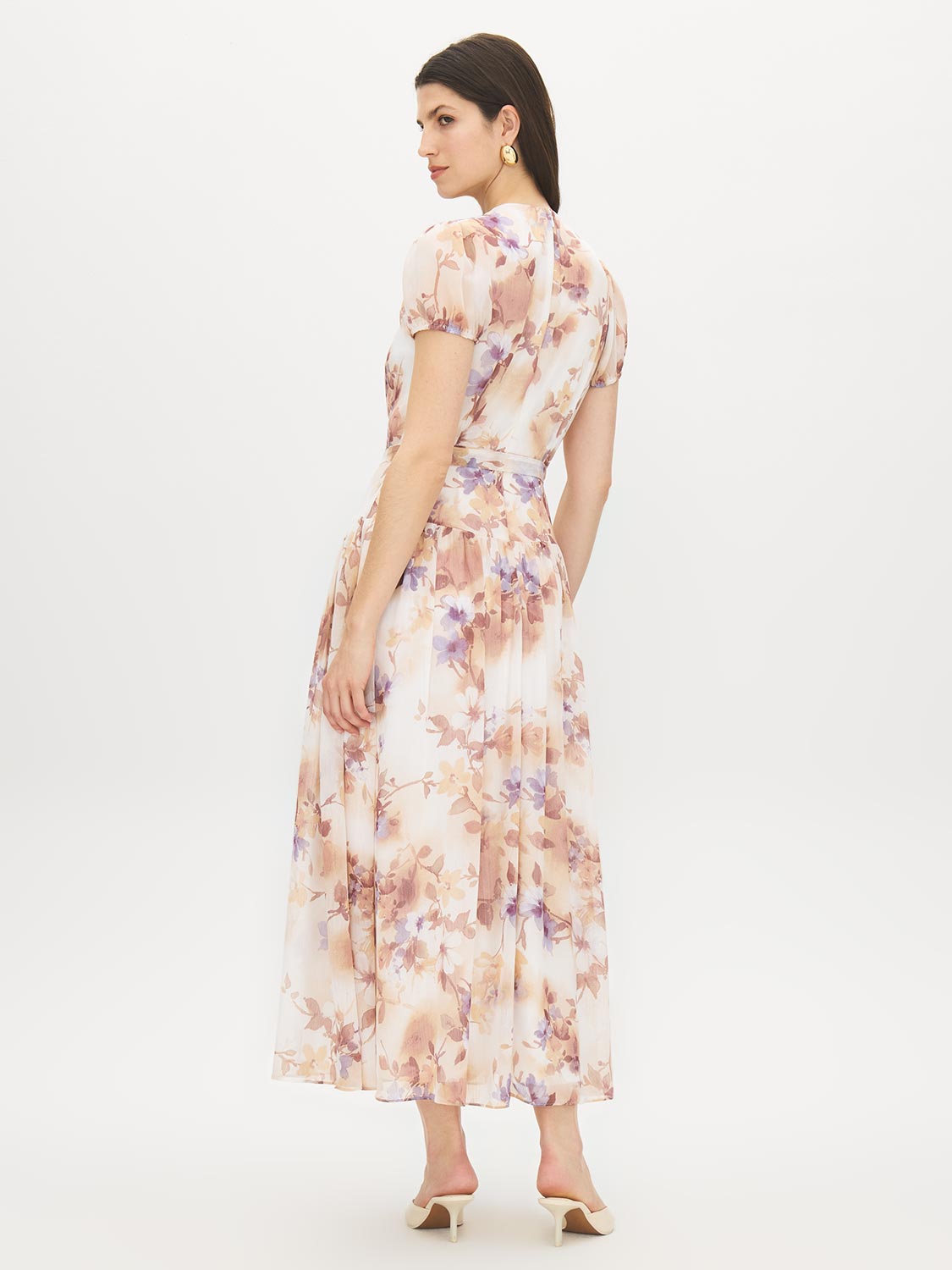 Sand Floral Print Textured Chiffon Midi Dress - Back View - Suzy Shier