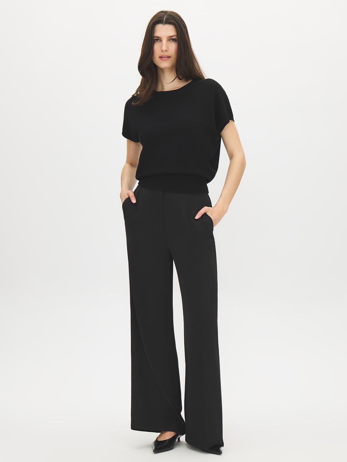 Black Dolman Sleeve Crew Neck Sweater - Woman Wearing Relaxed Knit Top - Suzy Shier