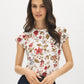 Snow White Floral Knit Top with Ruffle Sleeves - Woman Wearing Crew Neck Printed Blouse - Suzy Shier