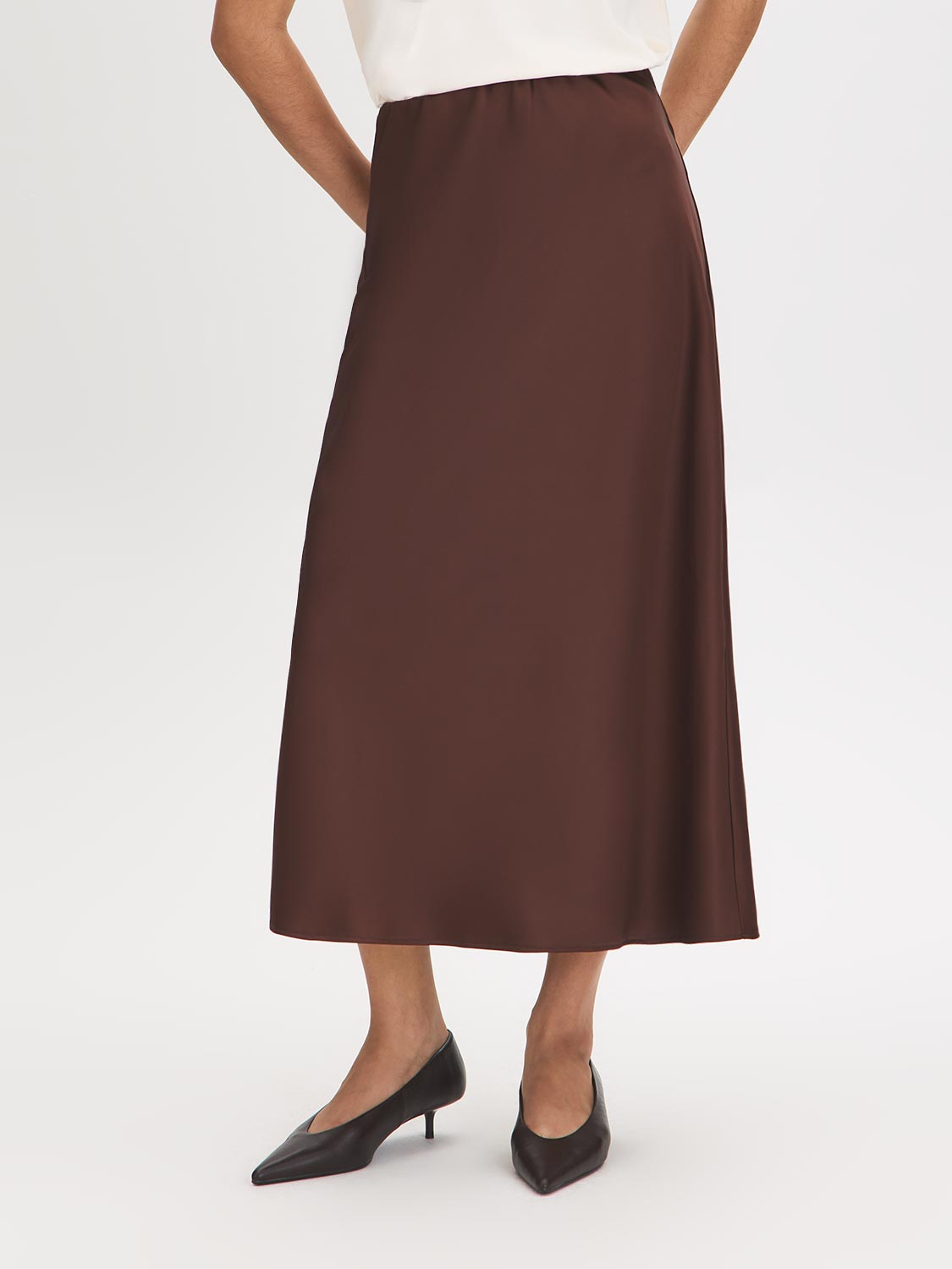 Milk Chocolate Satin Bias-Cut Pull-On Skirt - Front View - Suzy Shier