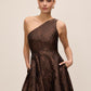 Mocha One-Shoulder Jacquard Floral Gown - Front View - Le Chateau