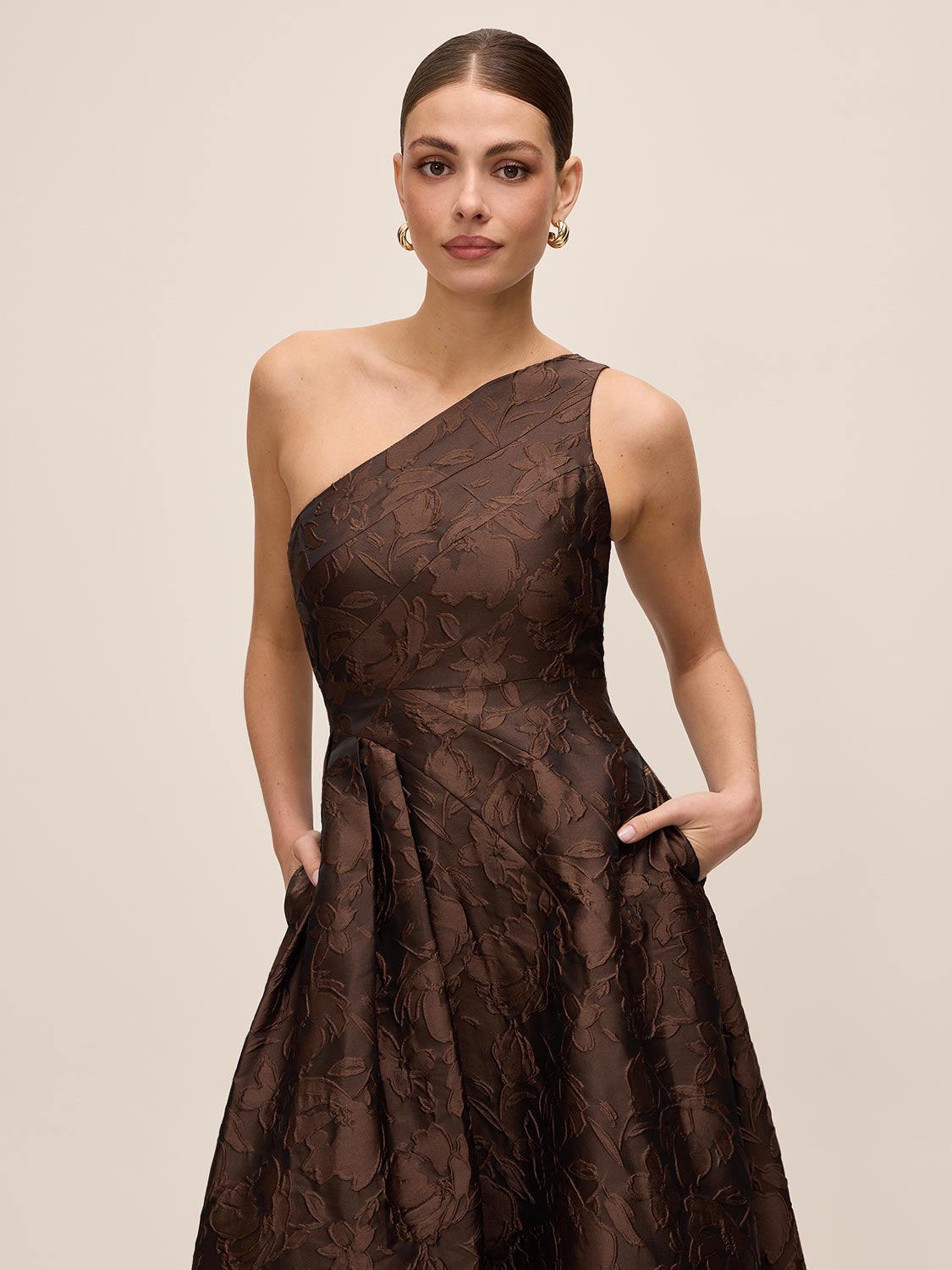 Mocha One-Shoulder Jacquard Floral Gown - Front View - Le Chateau