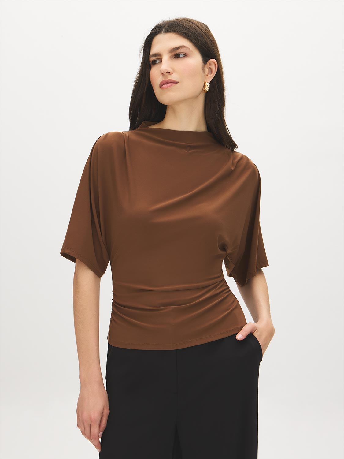 Bison Funnel Neck Knit Top with Kimono Sleeves - Woman Wearing Elegant Knit Top - Suzy Shier