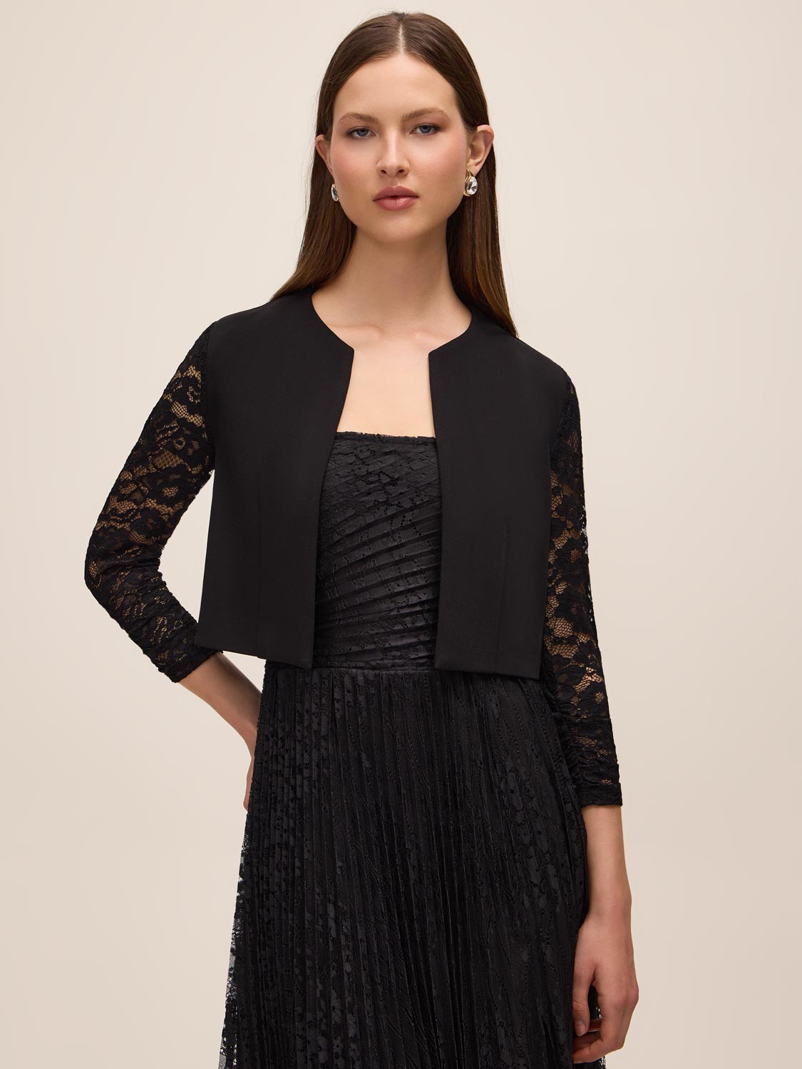 Black Knit Crepe Bolero with Illusion Lace Sleeves - Woman Wearing Elegant Layered Cover-Up - Le Chateau