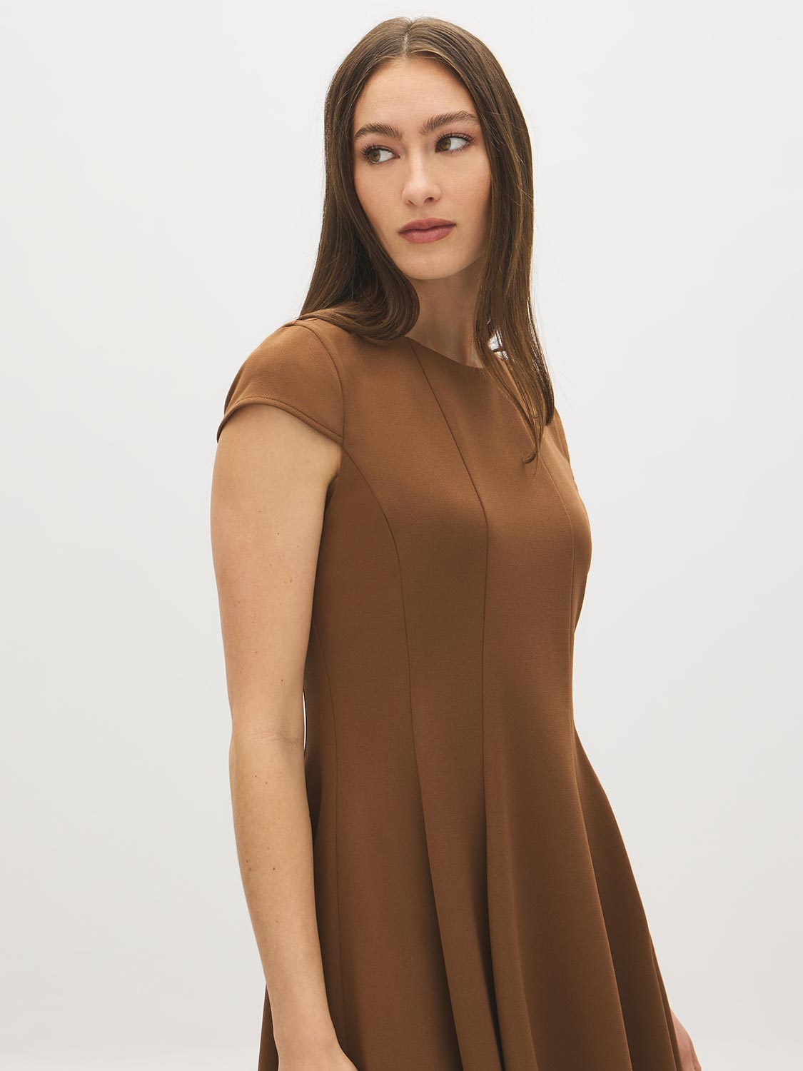 Bison Cap Sleeve Mini Dress with Panel Detail - Side Profile View - Suzy Shier
