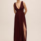 Bordeaux V-Neck Pleated Chiffon Gown - Front View with Slit - Le Chateau