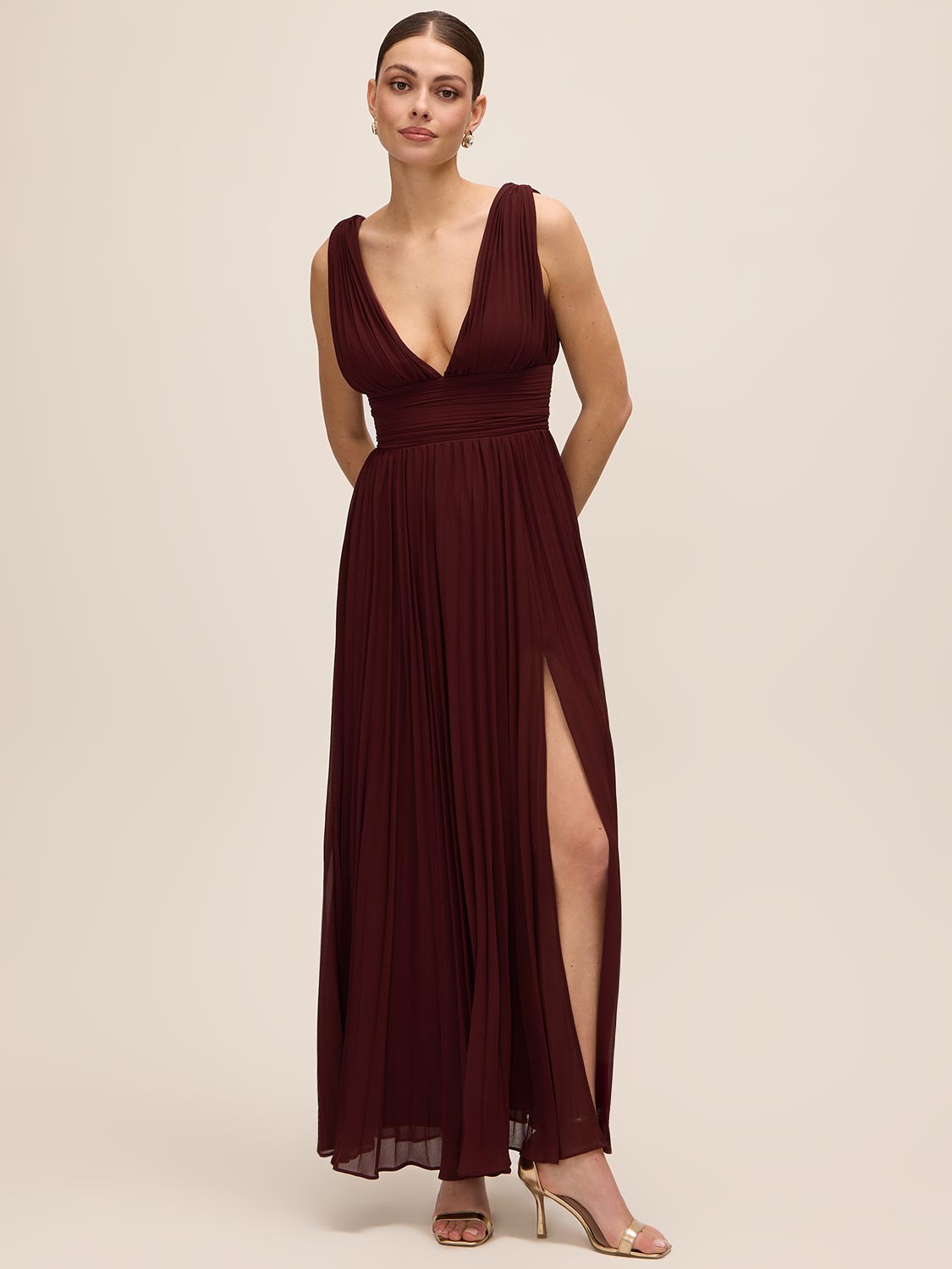 Bordeaux V-Neck Pleated Chiffon Gown - Front View with Slit - Le Chateau