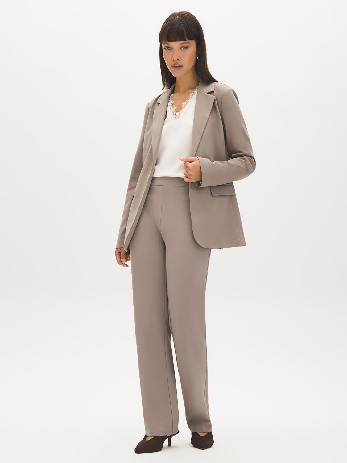 Lt Grey Pull-On Straight Leg Pant with Waist Tabs - Woman Wearing Clean Front Trousers - Suzy Shier