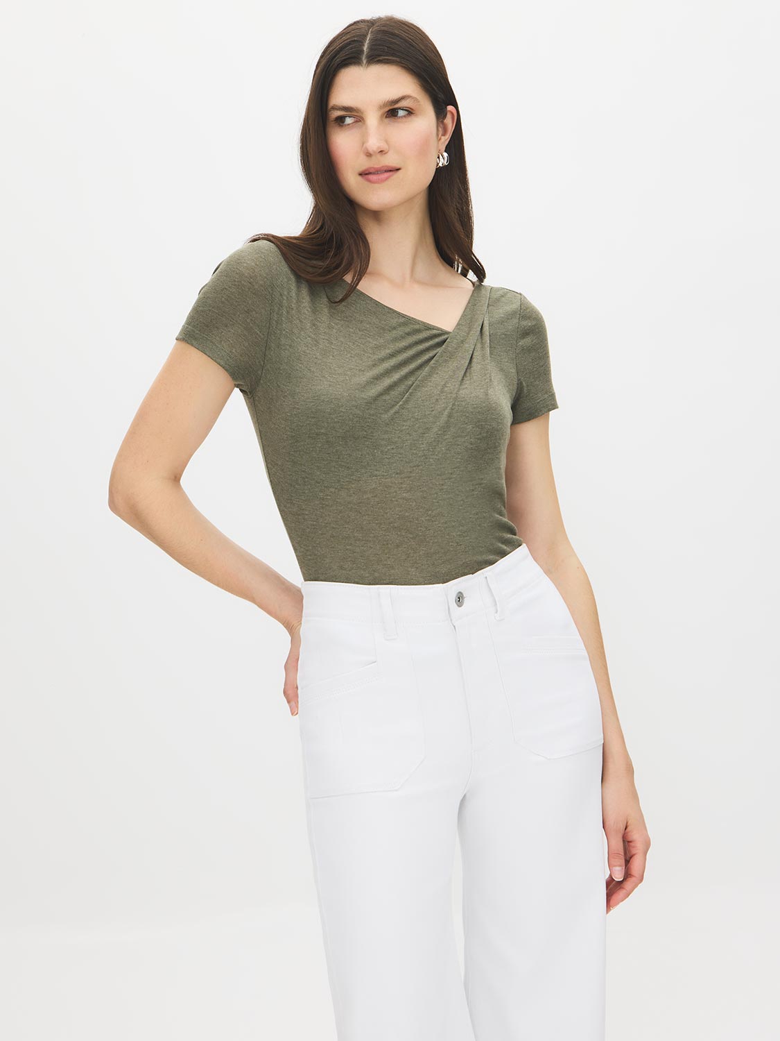 Kalamata Asymmetrical Neck Melange Top - Side Profile View - Suzy Shier