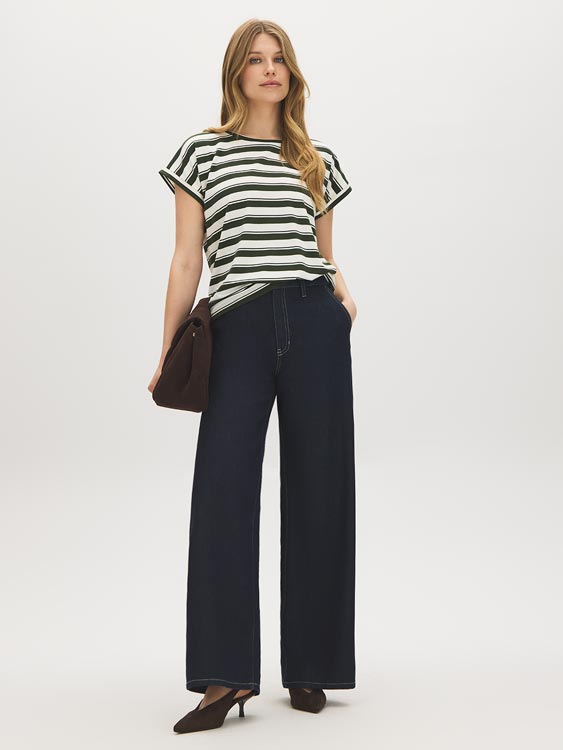 Snow White and Green Striped Dolman Sleeve Knit Top - Full Body View - Suzy Shier