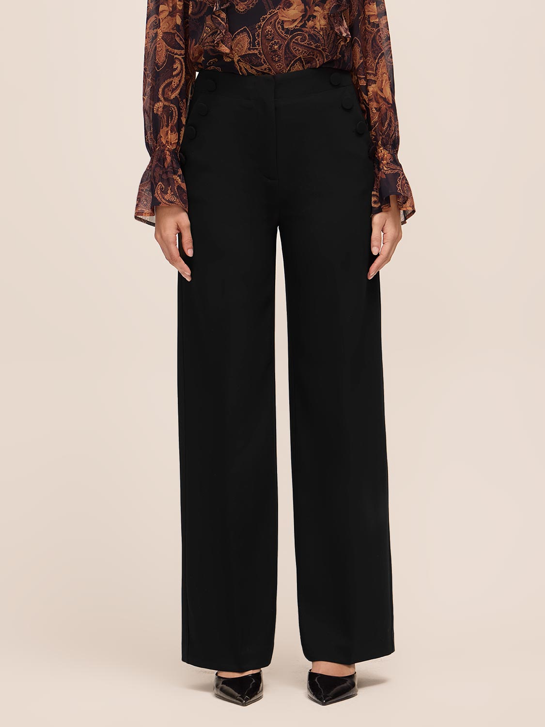 Black Wide Leg Woven Pants with Side Button Detail - Front View - Le Chateau