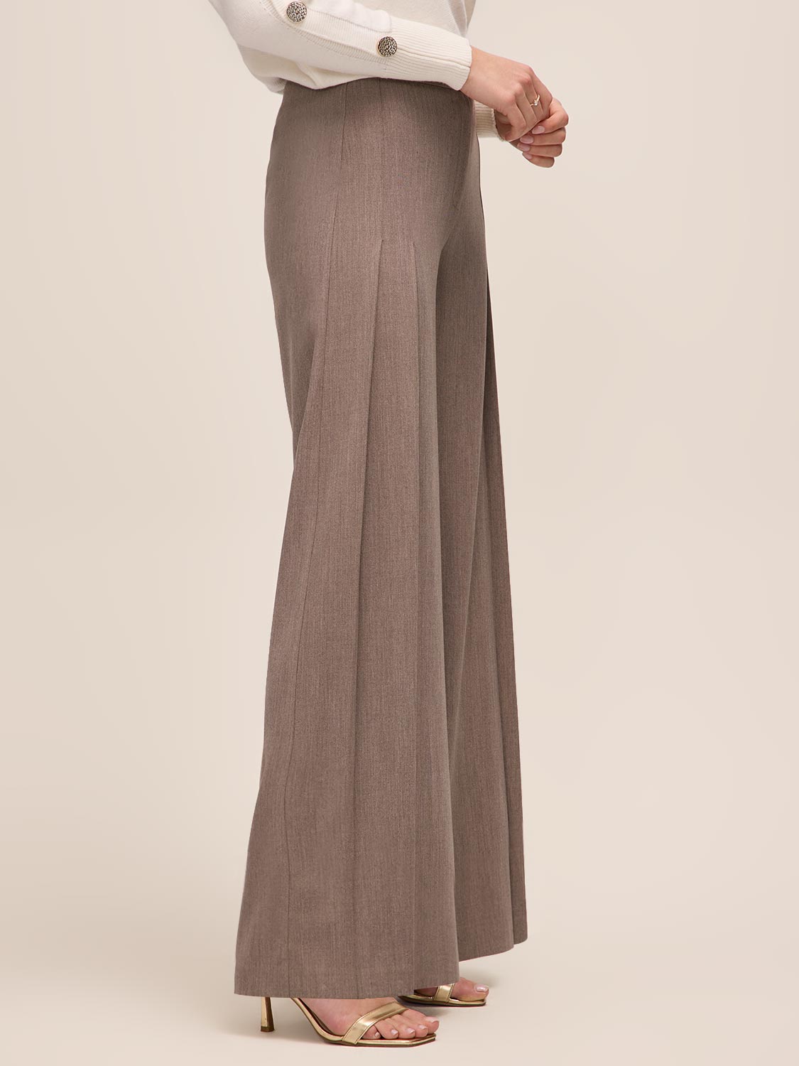 Oatmeal Mix Pleated Wide Leg Pants - Side Profile View - Le Chateau