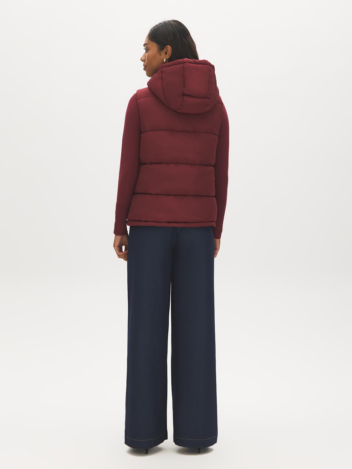 Red Quilted Puffer Vest with Hood - Side Profile View - Suzy Shier