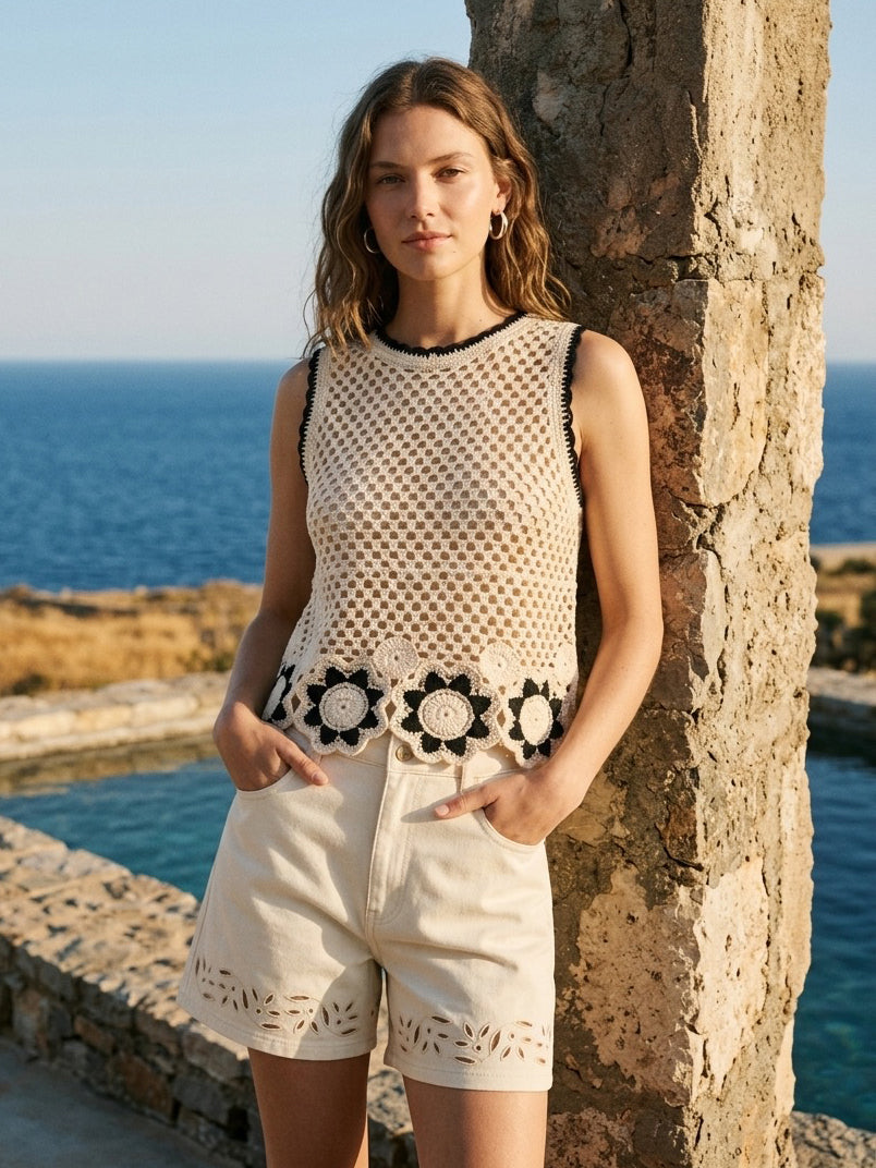 Natural Crochet Flower Border Tank - Close-up of Crochet Detailing - Suzy Shier