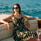 Jet Black Tropical Print Cotton Midi Dress - Woman Wearing Fitted Upper Dress with Full Skirt - Suzy Shier
