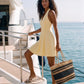 Banana Crepe Solid Mini Halter Dress - Woman Wearing V-Front Halter Dress - Suzy Shier