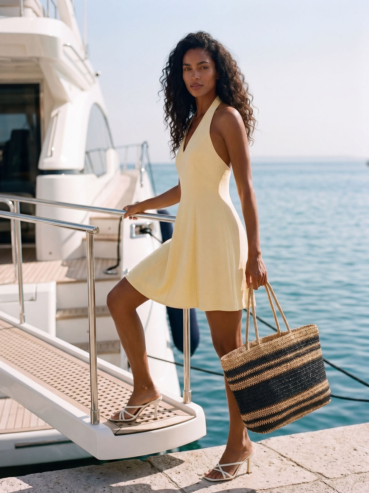 Banana Crepe Solid Mini Halter Dress - Woman Wearing V-Front Halter Dress - Suzy Shier