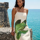 Cream Placement Print Midi Dress - Woman Wearing Adjustable Strap Dress - Suzy Shier