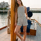 Snow White/Naval Academy Stripe French Terry Shorts - Woman Wearing Casual Striped Shorts - Suzy Shier